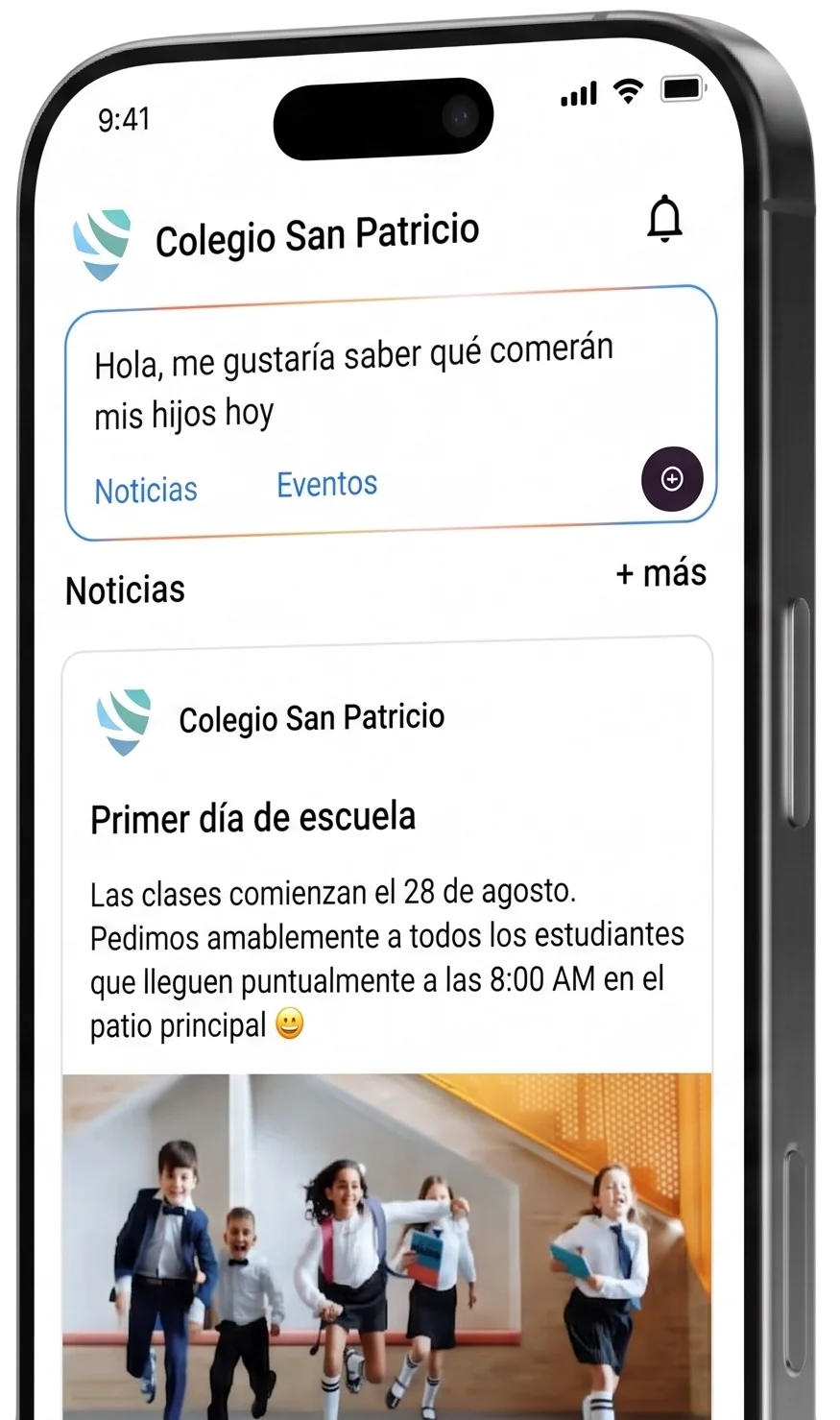 La aplicación de edusoftnet en un iPhone: cabecera del colegio, buscador de la asistente y el muro de noticias