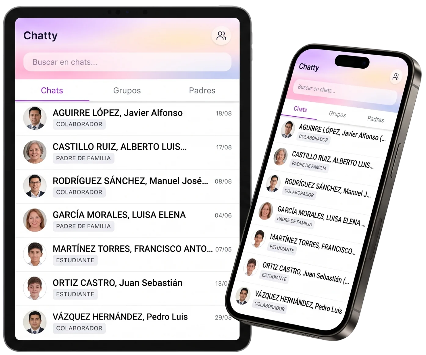 Chatty en una tableta y un teléfono: la lista de conversaciones con las pestañas Chats, Grupos y Padres, y el rol de cada contacto