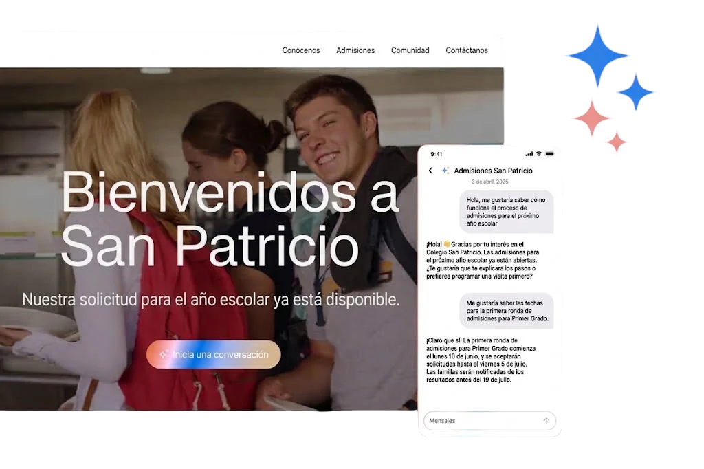 El portal de admisión del colegio y la conversación de una familia interesada preguntando por las fechas del proceso