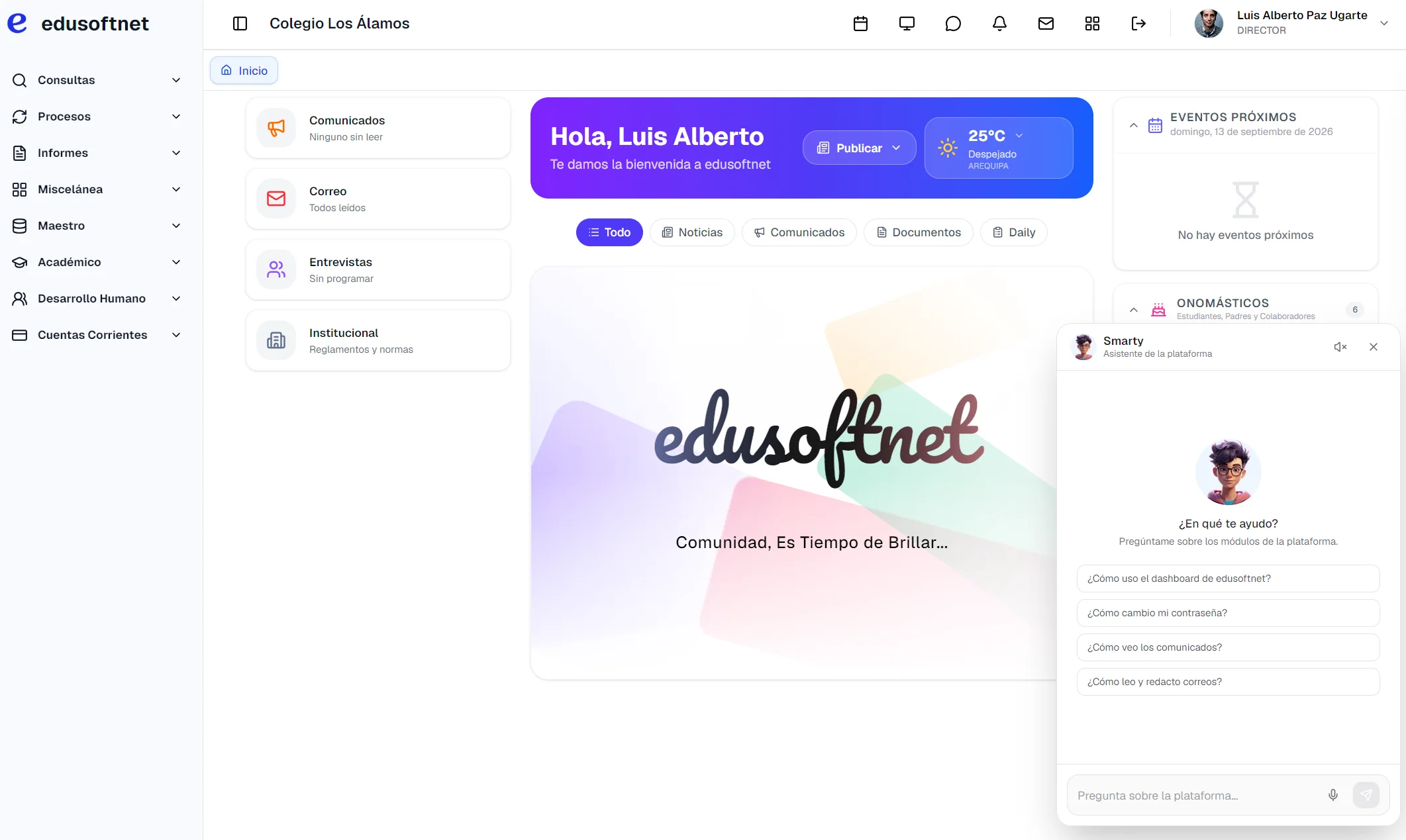 Vista general de la plataforma: menú lateral por áreas, muro de publicaciones del colegio y el asistente Smarty abierto con preguntas sugeridas